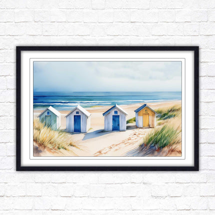Beach huts Framed picture print. Bright Watercolour wall art.