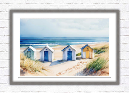 Beach huts Framed picture print. Bright Watercolour wall art.