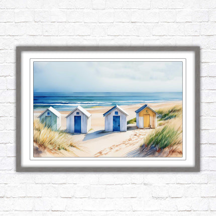 Beach huts Framed picture print. Bright Watercolour wall art.