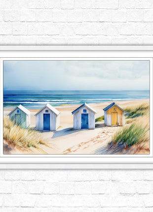 Beach huts Framed picture print. Bright Watercolour wall art.