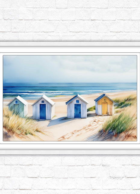 Beach huts Framed picture print. Bright Watercolour wall art.