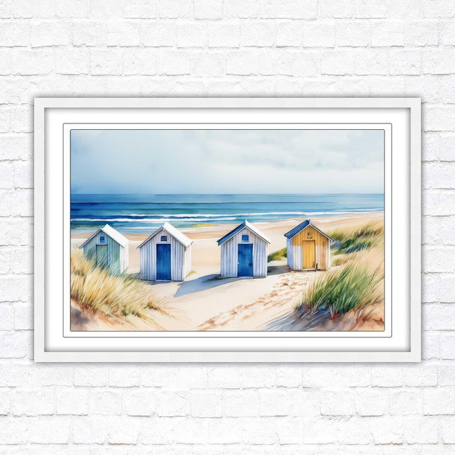 Beach huts Framed picture print. Bright Watercolour wall art.