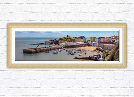 Tenby Harbour framed picture print. Panoramic framed picture print, Pembrokeshire, Wales. A choice of picture frames.