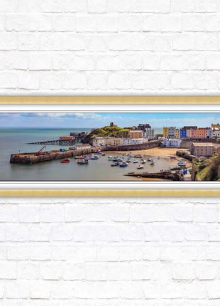 Tenby Harbour framed picture print. Panoramic framed picture print, Pembrokeshire, Wales. A choice of picture frames.