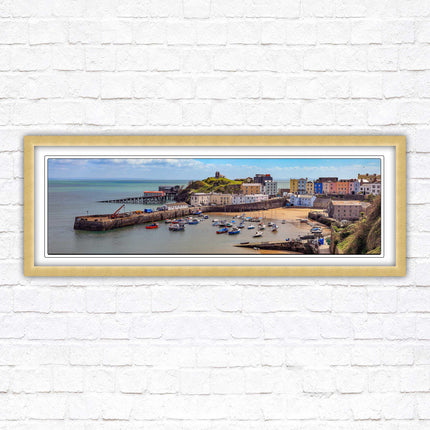 Tenby Harbour framed picture print. Panoramic framed picture print, Pembrokeshire, Wales. A choice of picture frames.