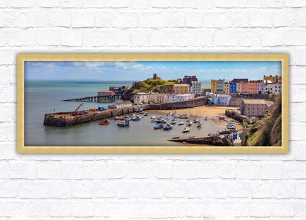 Tenby Harbour framed picture print. Panoramic framed picture print, Pembrokeshire, Wales. A choice of picture frames.