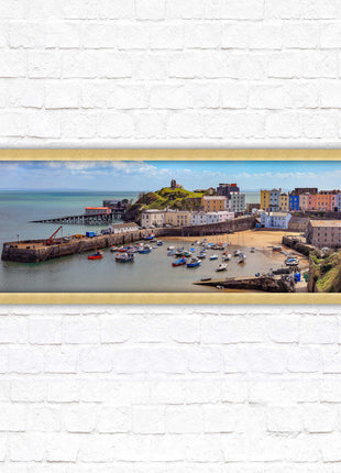 Tenby Harbour framed picture print. Panoramic framed picture print, Pembrokeshire, Wales. A choice of picture frames.