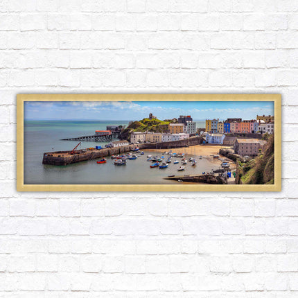 Tenby Harbour framed picture print. Panoramic framed picture print, Pembrokeshire, Wales. A choice of picture frames.