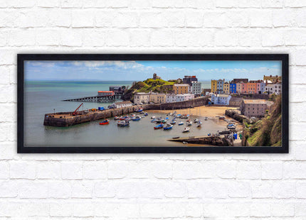 Tenby Harbour framed picture print. Panoramic framed picture print, Pembrokeshire, Wales. A choice of picture frames.