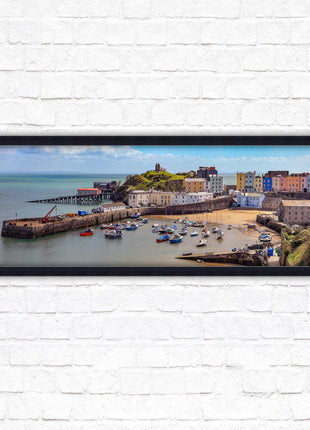 Tenby Harbour framed picture print. Panoramic framed picture print, Pembrokeshire, Wales. A choice of picture frames.