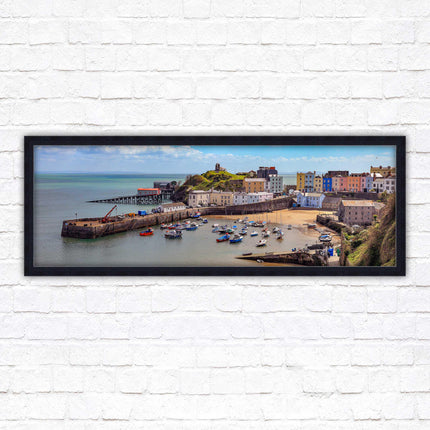 Tenby Harbour framed picture print. Panoramic framed picture print, Pembrokeshire, Wales. A choice of picture frames.