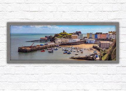 Tenby Harbour framed picture print. Panoramic framed picture print, Pembrokeshire, Wales. A choice of picture frames.