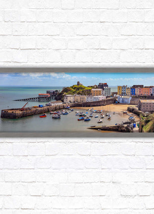 Tenby Harbour framed picture print. Panoramic framed picture print, Pembrokeshire, Wales. A choice of picture frames.