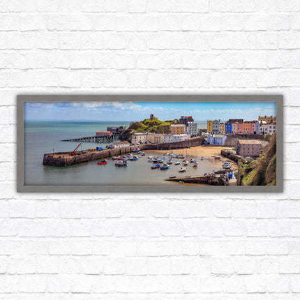 Tenby Harbour framed picture print. Panoramic framed picture print, Pembrokeshire, Wales. A choice of picture frames.