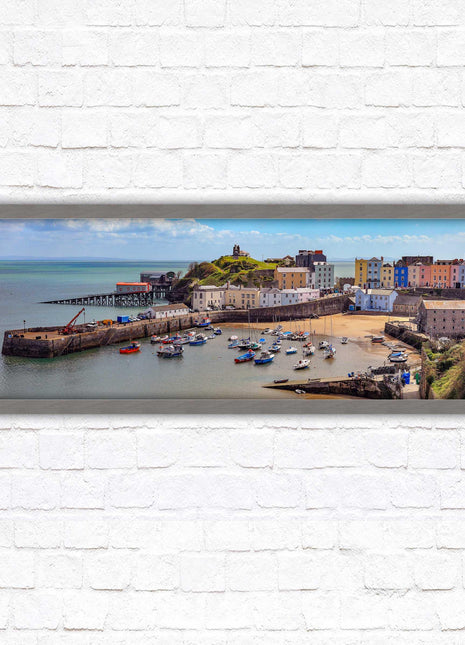 Tenby Harbour framed picture print. Panoramic framed picture print, Pembrokeshire, Wales. A choice of picture frames.
