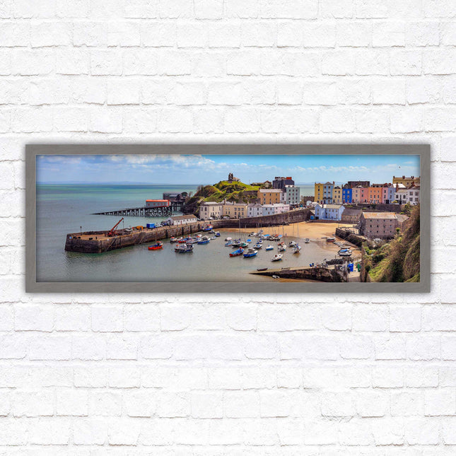Tenby Harbour framed picture print. Panoramic framed picture print, Pembrokeshire, Wales. A choice of picture frames.