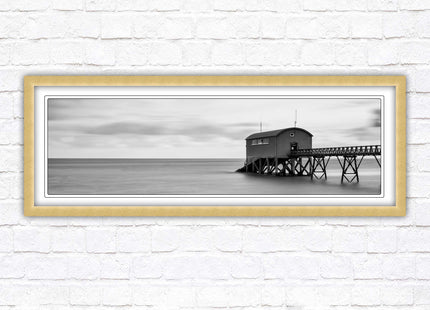 Lifeboat station at sea. Panoramic framed picture print. Black and white image. A choice of picture frames.