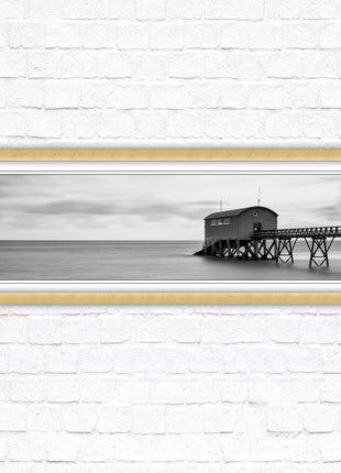 Lifeboat station at sea. Panoramic framed picture print. Black and white image. A choice of picture frames.