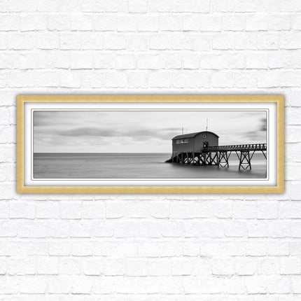 Lifeboat station at sea. Panoramic framed picture print. Black and white image. A choice of picture frames.