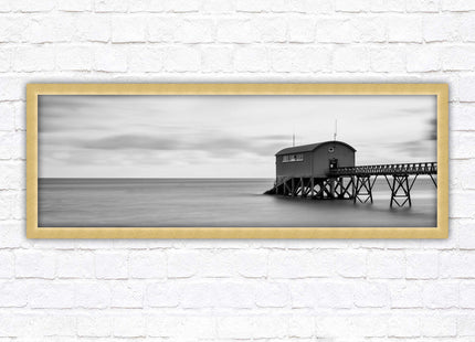 Lifeboat station at sea. Panoramic framed picture print. Black and white image. A choice of picture frames.