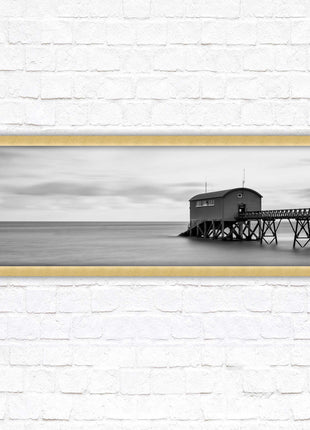 Lifeboat station at sea. Panoramic framed picture print. Black and white image. A choice of picture frames.