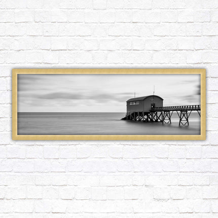 Lifeboat station at sea. Panoramic framed picture print. Black and white image. A choice of picture frames.