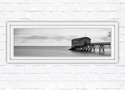 Lifeboat station at sea. Panoramic framed picture print. Black and white image. A choice of picture frames.