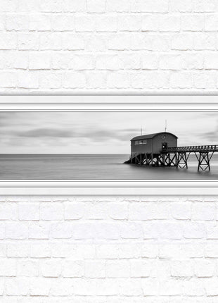 Lifeboat station at sea. Panoramic framed picture print. Black and white image. A choice of picture frames.