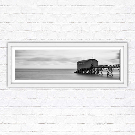 Lifeboat station at sea. Panoramic framed picture print. Black and white image. A choice of picture frames.