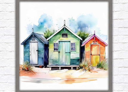 Beach Huts, Framed picture print. Square frame watercolour beach huts print. A choice of frames styles and sizes available.
