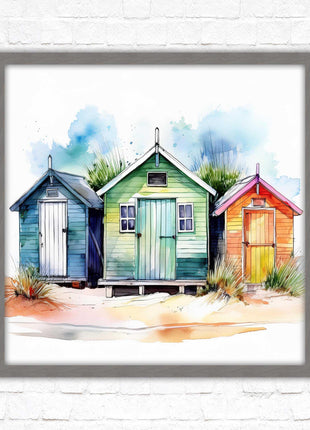 Beach Huts, Framed picture print. Square frame watercolour beach huts print. A choice of frames styles and sizes available.