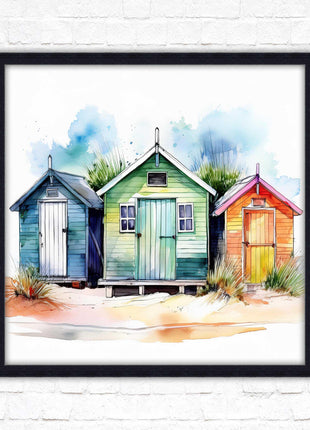 Beach Huts, Framed picture print. Square frame watercolour beach huts print. A choice of frames styles and sizes available.