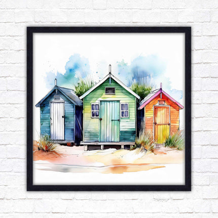 Beach Huts, Framed picture print. Square frame watercolour beach huts print. A choice of frames styles and sizes available.