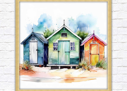 Beach Huts, Framed picture print. Square frame watercolour beach huts print. A choice of frames styles and sizes available.