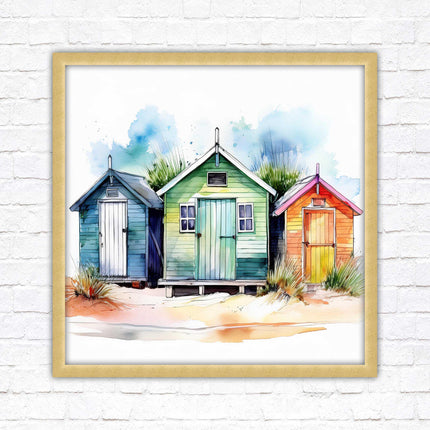 Beach Huts, Framed picture print. Square frame watercolour beach huts print. A choice of frames styles and sizes available.