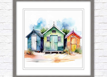Beach Huts, Framed picture print. Square frame watercolour beach huts print. A choice of frames styles and sizes available.