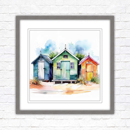 Beach Huts, Framed picture print. Square frame watercolour beach huts print. A choice of frames styles and sizes available.