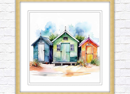 Beach Huts, Framed picture print. Square frame watercolour beach huts print. A choice of frames styles and sizes available.