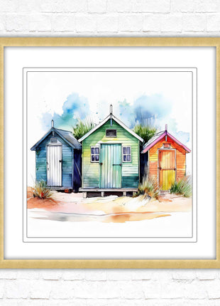 Beach Huts, Framed picture print. Square frame watercolour beach huts print. A choice of frames styles and sizes available.