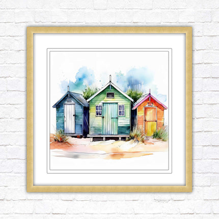 Beach Huts, Framed picture print. Square frame watercolour beach huts print. A choice of frames styles and sizes available.
