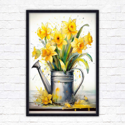 Daffodils in vintage watering can. Printed, Framed picture with choice of frame colours and options.