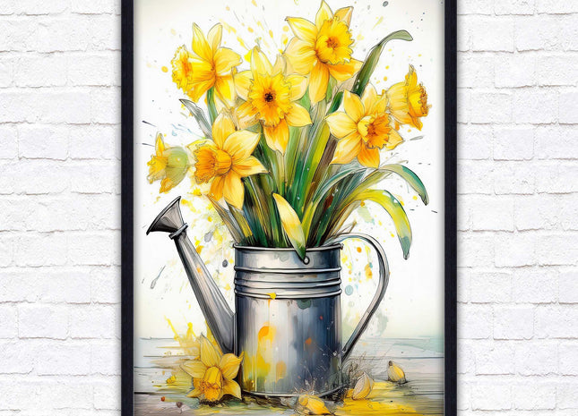 Daffodils in vintage watering can. Printed, Framed picture with choice of frame colours and options.