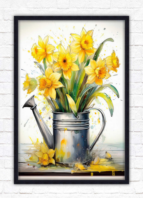 Daffodils in vintage watering can. Printed, Framed picture with choice of frame colours and options.