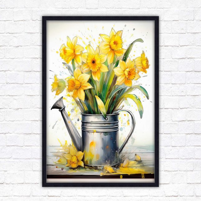 Daffodils in vintage watering can. Printed, Framed picture with choice of frame colours and options.