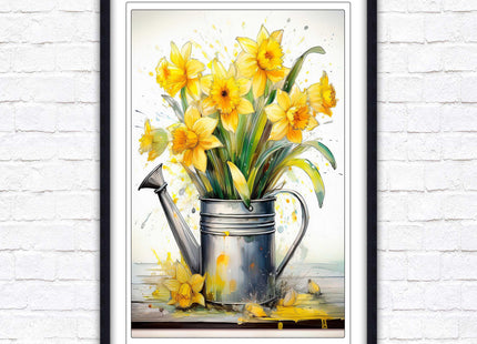 Daffodils in vintage watering can. Printed, Framed picture with choice of frame colours and options.