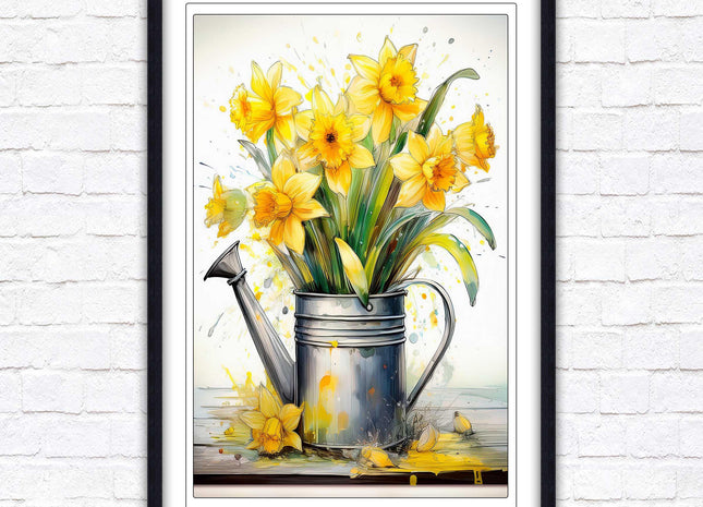 Daffodils in vintage watering can. Printed, Framed picture with choice of frame colours and options.