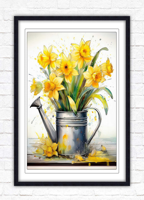 Daffodils in vintage watering can. Printed, Framed picture with choice of frame colours and options.