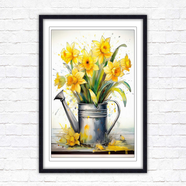 Daffodils in vintage watering can. Printed, Framed picture with choice of frame colours and options.