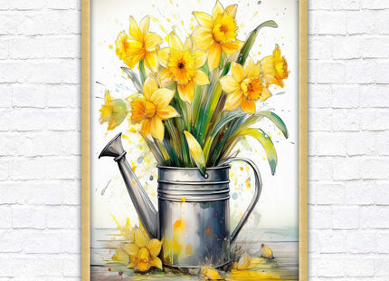 Daffodils in vintage watering can. Printed, Framed picture with choice of frame colours and options.