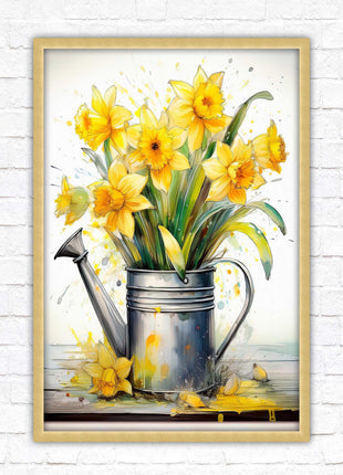 Daffodils in vintage watering can. Printed, Framed picture with choice of frame colours and options.